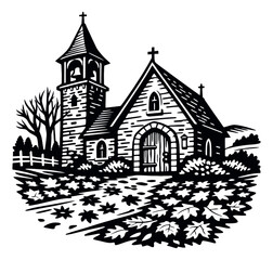 Naklejka premium Woodcut style illustration of a church depicting an autumn scene for harvest festivals