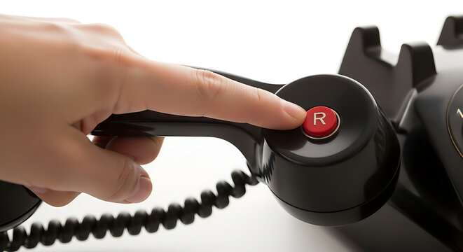Hand reaching to press the iconic red R button on an old-fashioned phone, activating a vital communication feature