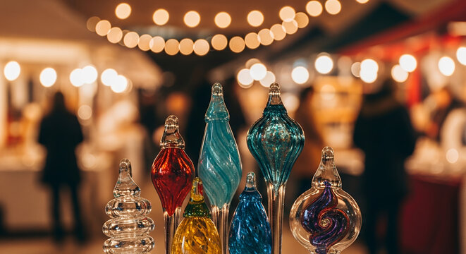 Colorful glass ornaments displayed at a festive market at night  
