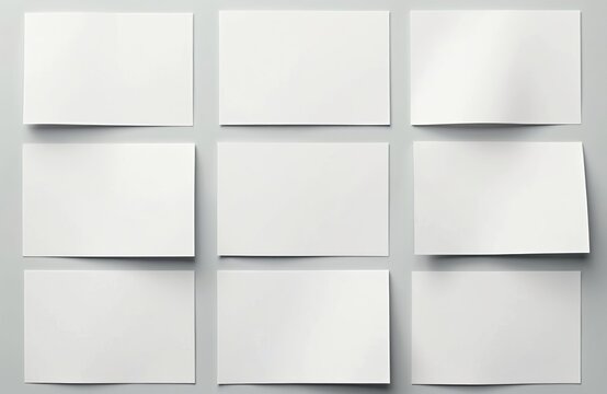 Nine clean white paper cards arranged in grid. Blank rectangular pages, ideal for mockups, invitations, or notes. Simple layout, flat design concept, copy space.