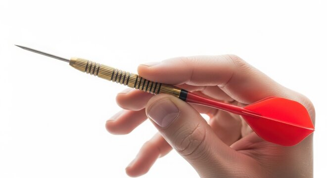 A hand holding a dart with a red tail and metal tip