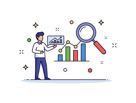 Data science researcher reviewing a floating graph and magnifying glass symbol, capturing analysis and evidence based conclusions. The clean composition