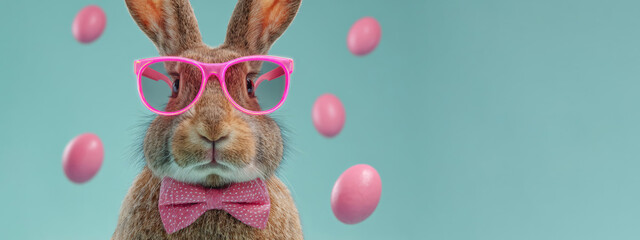 Happy Easter concept, holiday greeting card long banner panorama - Easter bunny, rabbit with sunglasses, bow tie and Easter egg, isolated on blue background