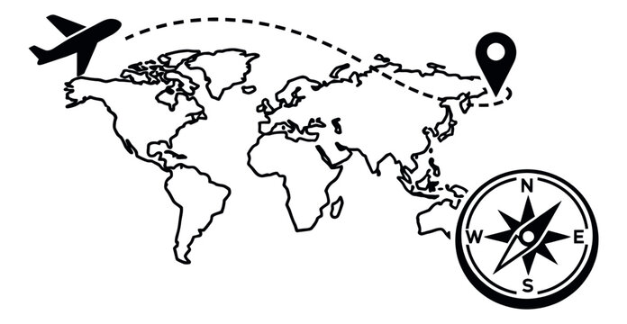 Line art illustration of a world map depicting an airplane traveling a dashed route with a destination pin and a compass for global journey and navigation concepts