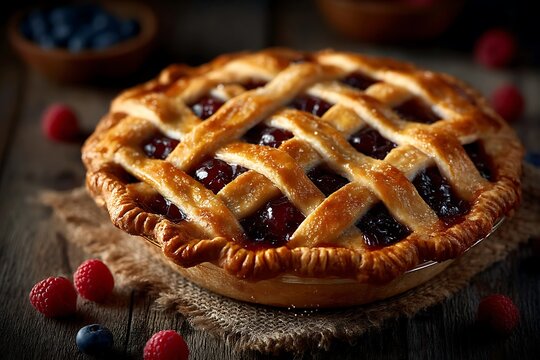 Delicious homemade berry pie on table.