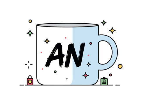 Custom ceramic design mug featuring personalized initials painted in bold brush style with small decorative stars around, symbolizing identity and creative