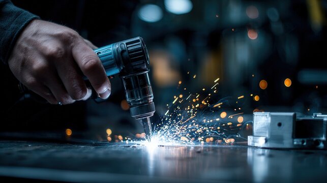 Technician hands drilling metal component sparks flying, close perspective of handheld drill creating bright orange fragments on flat workpiece, nearby fasteners and fixture, controlled motion,
