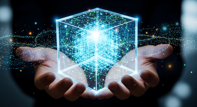 A glowing digital cube is held in a person s hands on transparent background