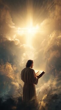 Jesus reading holy bible in heavenly light.	
