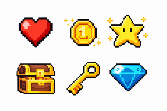 Pixel art video game items showing heart, coin, star, treasure chest, key, and diamond