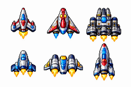 Pixel art spaceship vehicles for retro arcade game designs, flying cartoon icons