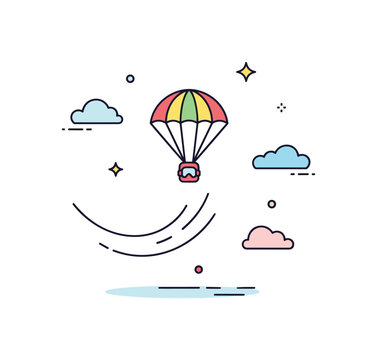 Skydiving adventure moment centered on a small parachute icon with gentle downward motion arcs beneath. The scene conveys thrill, bravery, and unforgettable