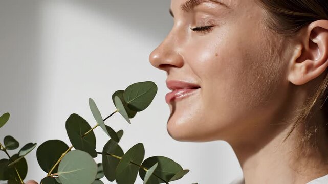caucasian woman with eyes closed smelling eucalyptus branch. aromatherapy and natural beauty concept. relaxation, sensory experience. wellness center, skincare brand, blog post.