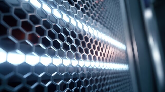 Receding hexagon mesh with linear light streak and reflective steel surface, strong sense of motion and scale, emphasizes speed and infrastructure performance for network and cloud messaging