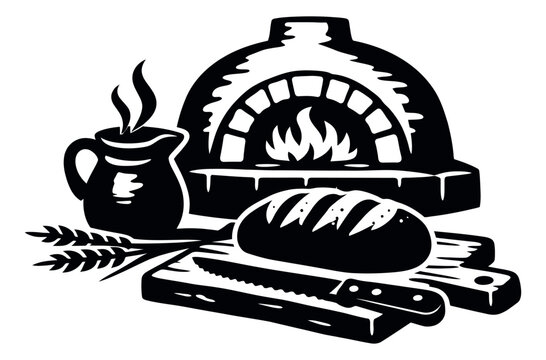 Rustic illustration of a traditional bakery scene depicting fresh bread and a brick oven for a culinary business