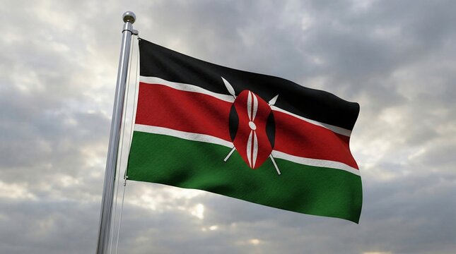 The vibrant Kenyan flag waves proudly against a dramatic cloudy sky showcasing its distinct black red white and green colors with a central shield emblem