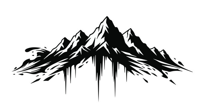 Mountain peaks rise in a stark black and white graphic illustration featuring sharp ridges and jagged textures suitable for branding or outdoor adventure concepts.