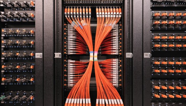 Medium frame of specialized electronic trading infrastructure highlighting fiber optic connections with adjacent racks gently blurred to emphasize precision hardware.
