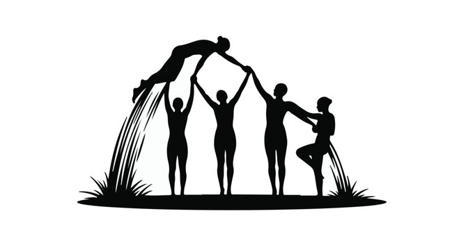 People silhouettes form a human bridge structure while standing on a patch of grass.