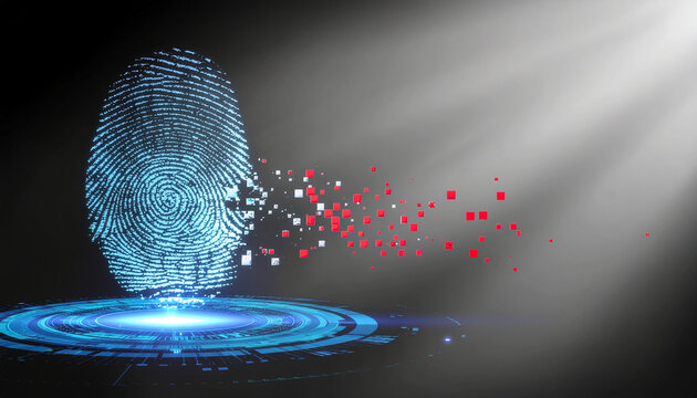Futuristic glowing biometric fingerprint floating half glitching corrupted red