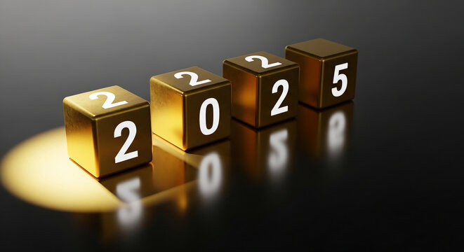 Four golden cubes with white number 2025 on dark surface, representing future year, success and aspiration for new beginning or positive expectation