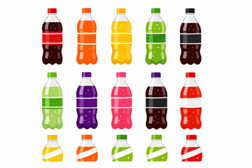 Assorted colorful carbonated soft drinks in plastic bottles featuring various flavors