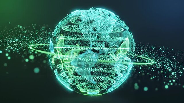 Glowing neon digital sphere with orbiting rings and data streams.
