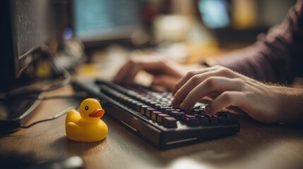 Fototapeta premium Rubber duck perched on keyboard foreground, solo developer practicing rubber duck debugging with blurred hands typing code in background, warm bokeh lighting, cozy workspace, soft film grain, creative