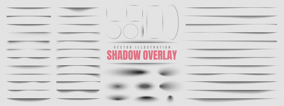 Transparent soft overlay paper shadow or border effect. Divider line, square, rectangle, round and oval shade. Realistic page separation or web element. Frame, flyer, banner, poster or notebook shadow