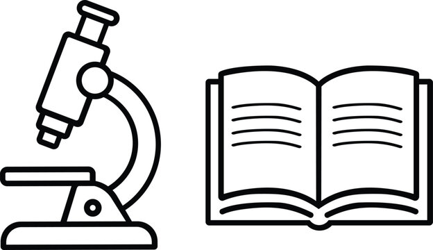 Simple line art icons depicting an open book and a microscope symbolizing knowledge and scientific discovery