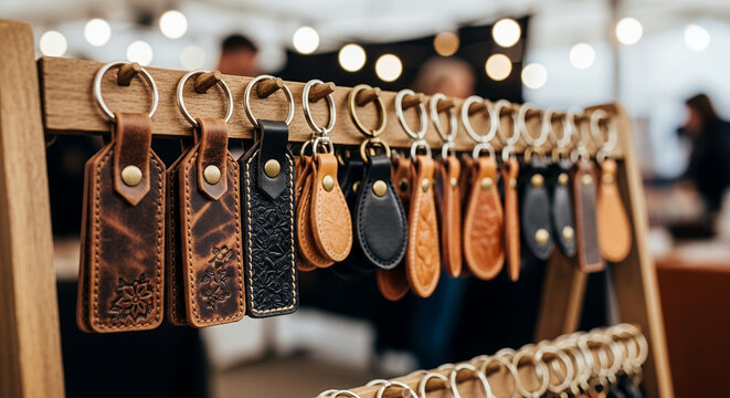 Leather keychains displayed on wooden rack at craft fair showcasing felted  