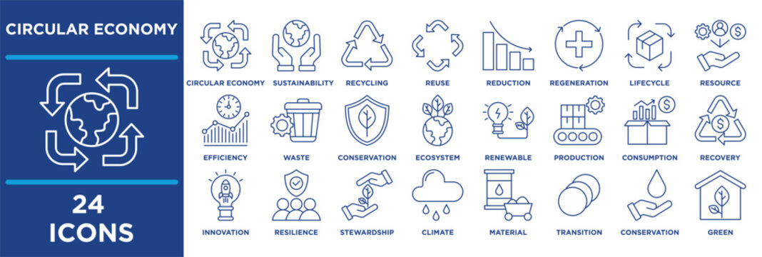 Circular economy icon set featuring circular, economy, sustainability, recycling, reuse, reduction, regeneration, lifecycle. blue illustration vector