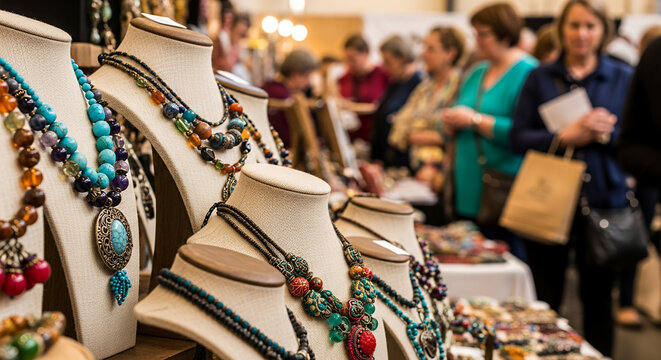 Jewelry display at artisan market with shoppers browsing in background  