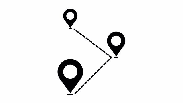 Three Point GPS Map Navigation Animation with Location Pins and Connecting Dashed Lines 4k video animation seamless loop