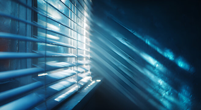 A commercial photo of a minimalist office scene with light and shadow filtering through venetian blinds
