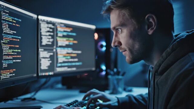 Focused developer diligently coding lines of source code on multiple screens in a dark home office environment, illuminated by the vibrant glow of the monitors, showcasing intense