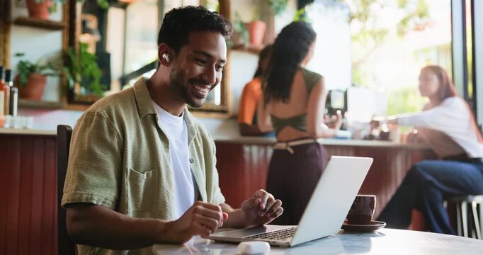 Video call, talking or man in cafe, laptop for online interview or celebration for article publication. Achievement, person or journalist in restaurant, pc or virtual meeting for question or cheering
