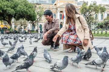 Two Latino friends on vacation in Plaza Murillo in La Paz, Bolivia - concept of life © Jhon