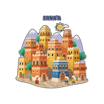 Old City of Sana'a Landmark Cartoon Illustration