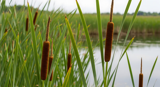 Close up of cattails and marsh grasses detailed natural scene on transparent background