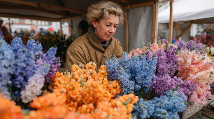 Cheerful mature woman vendor arranging fresh colorful flower bouquet at outdoor spring market stall feeling happy with successful retail business