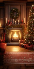 Fototapeta premium A warm and inviting living room adorned with a beautifully decorated Christmas tree and a crackling fire in the fireplace. Perfect for creating a festive atmosphere during the holiday season