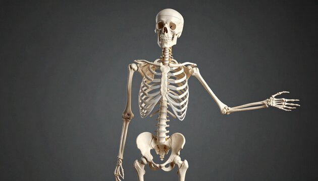 Full human skeleton model standing upright with extended arm, symbolizing anatomy, bone structure, and medical education.