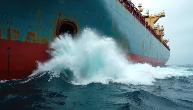 Large cargo ship discharges bilge water into sea. Massive wave crashes from vessel side creating ocean foam. Shipping industry operation pollutes marine environment.