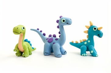 Fototapeta premium Three cute clay dinosaurs in blue purple and green isolated on white background