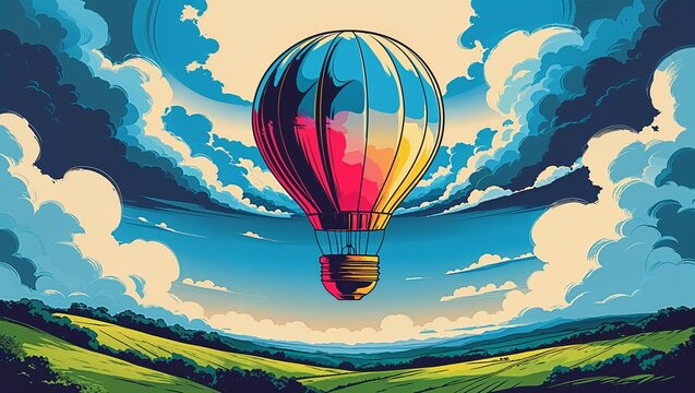 Light bulb shaped hot air balloon floating over green countryside as idea innovation and creative thinking concept under dramatic cloudscape