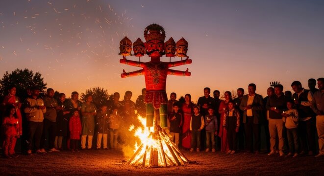 People burning effigy of Ravana during Dussehra celebration. Vijaya Dashami festival showing triumph of good over evil.