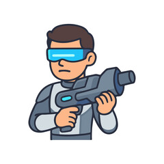 Naklejka premium Futuristic soldier holding sci-fi weapon. Cyber warrior aiming blaster gun. Future tech fighter with visor