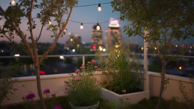 Rooftop garden with string lights at dusk overlooking city