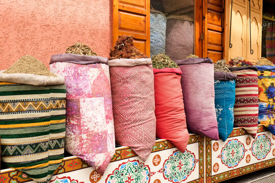 Marrakech, Morocco Sacks of pillow stuffing and other misc items for sale in the medina.